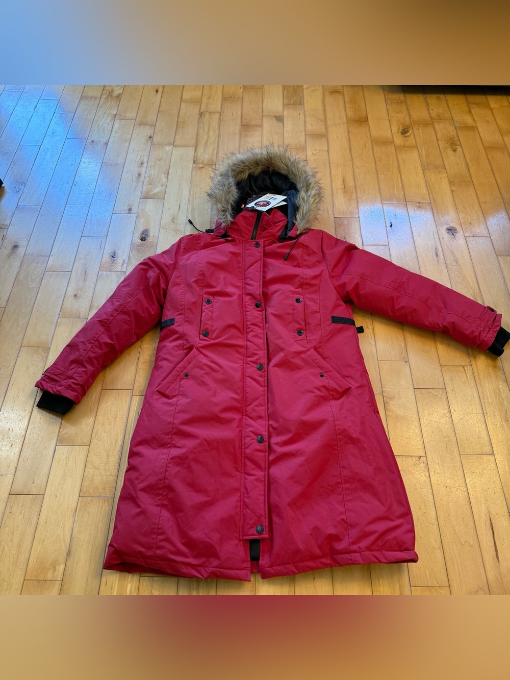 Women's Long Red Ski Parka with Faux Fur Hood